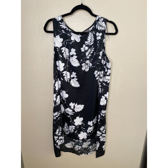 Vince Camuto Black & White Sleeveless Floral Print Shift Dress Large Polyester - Picture 2 of 7